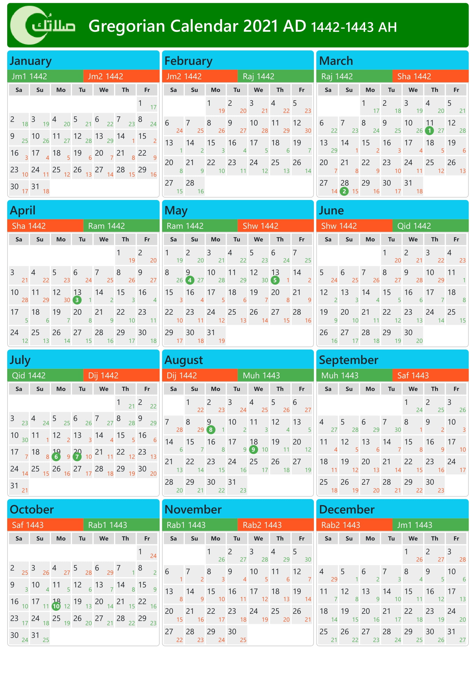 Gregorian Hijri Calendar 2021 (14421443) in Saudi Arabia